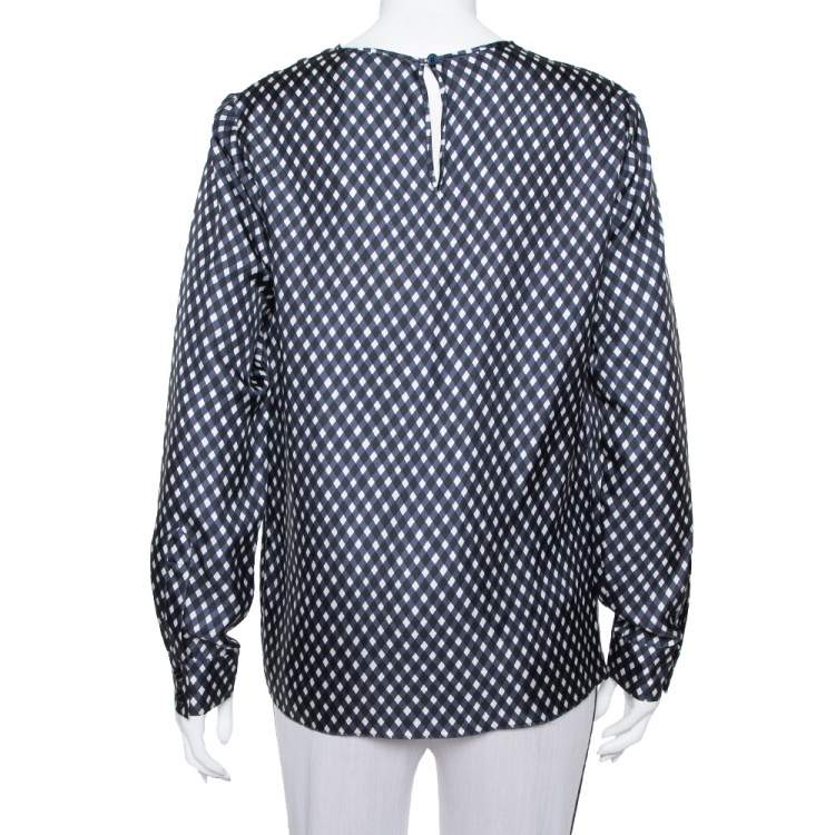Pre Owned Stella McCartney Navy Blue Check Patterned Silk Oversized Top S