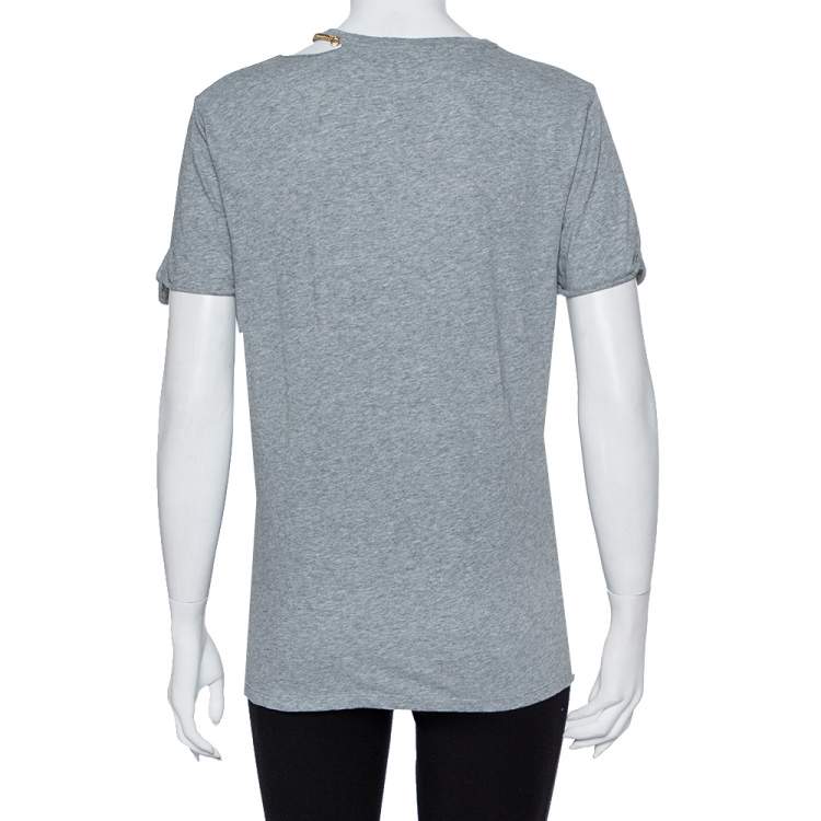 Pre Owned Stella McCartney Grey Cotton Chain Trim Cutout Shoulder Detail Crewneck T-Shirt M 