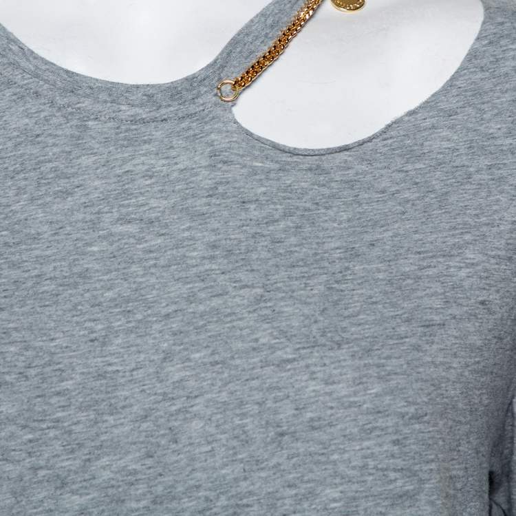 Pre Owned Stella McCartney Grey Cotton Chain Trim Cutout Shoulder Detail Crewneck T-Shirt M 