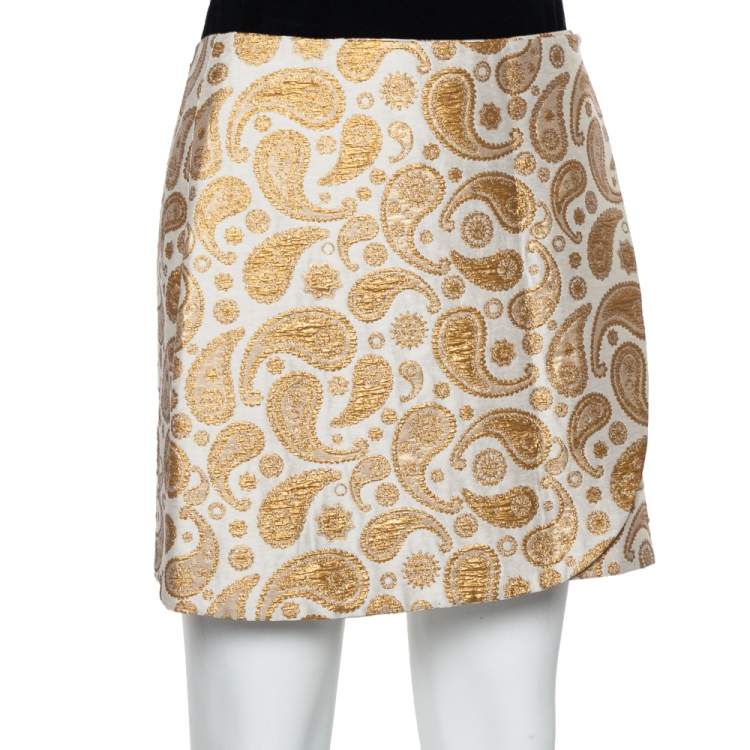 Pre Owned Stella McCartney Gold/White Paisley Brocade Mini Wrap Skirt S