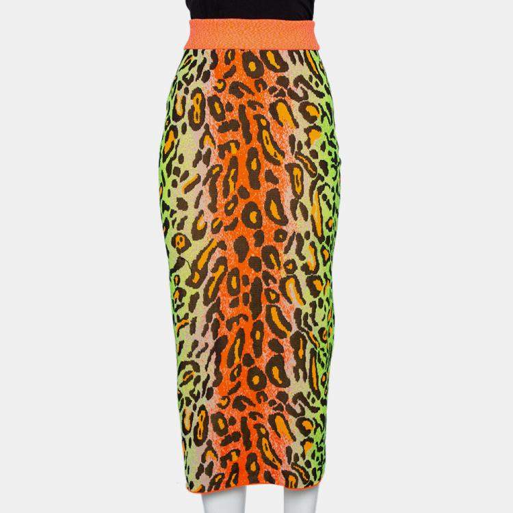 Pre Owned Stella McCartney Multicolor Neon Leopard Knit Fitted Midi Skirt M