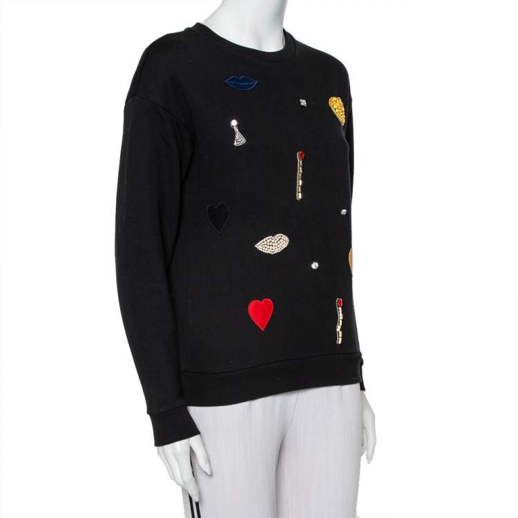 Pre Owned Stella McCartney Black Cotton Crystal Embellished & Applique Detail Crewneck Sweatshirt S