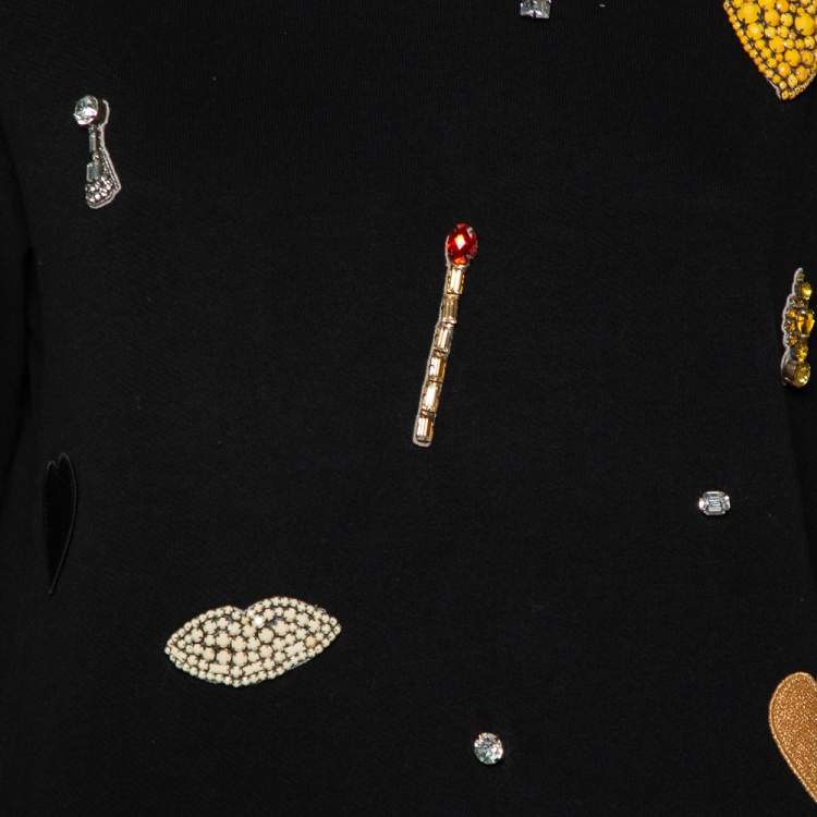 Pre Owned Stella McCartney Black Cotton Crystal Embellished & Applique Detail Crewneck Sweatshirt S