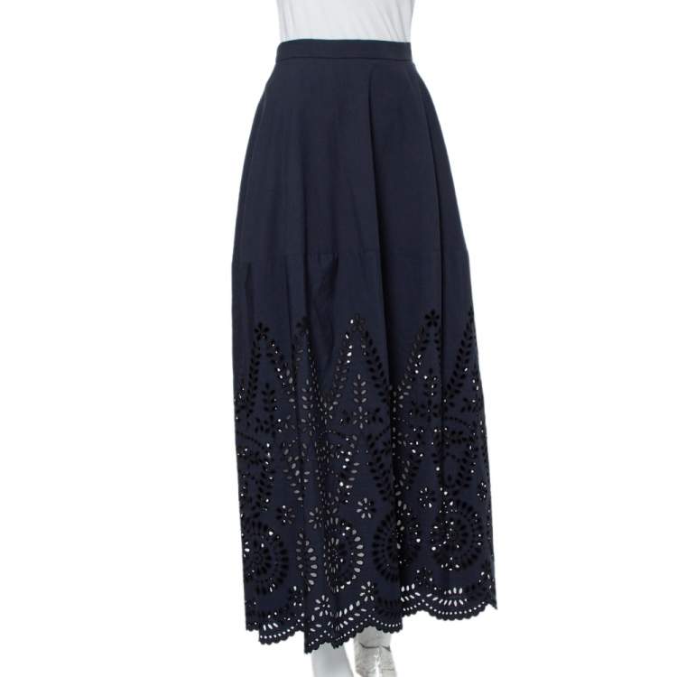 Pre Owned Stella McCartney Navy Blue Embroidered Cotton Penelope Midi Skirt S