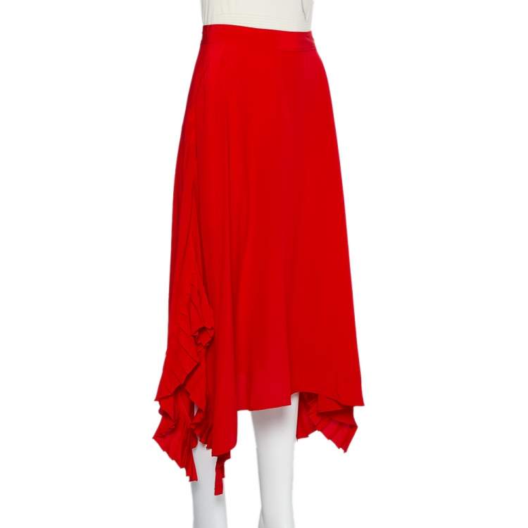 Pre Owned Stella McCartney Red Silk Ruffle Detail Ashlyn Midi Skirt S