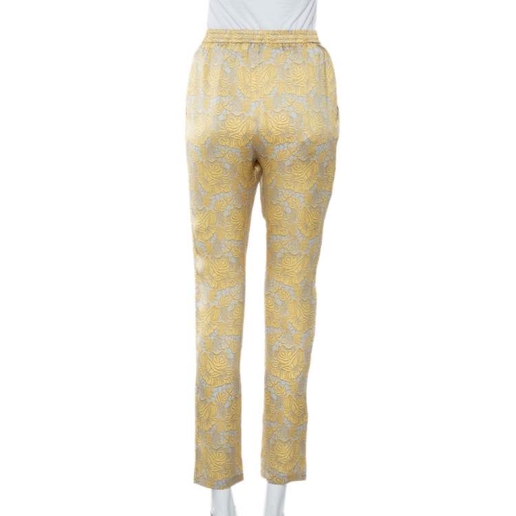 Pre Owned Stella McCartney Yellow Floral Printed Silk Tapered Pants S