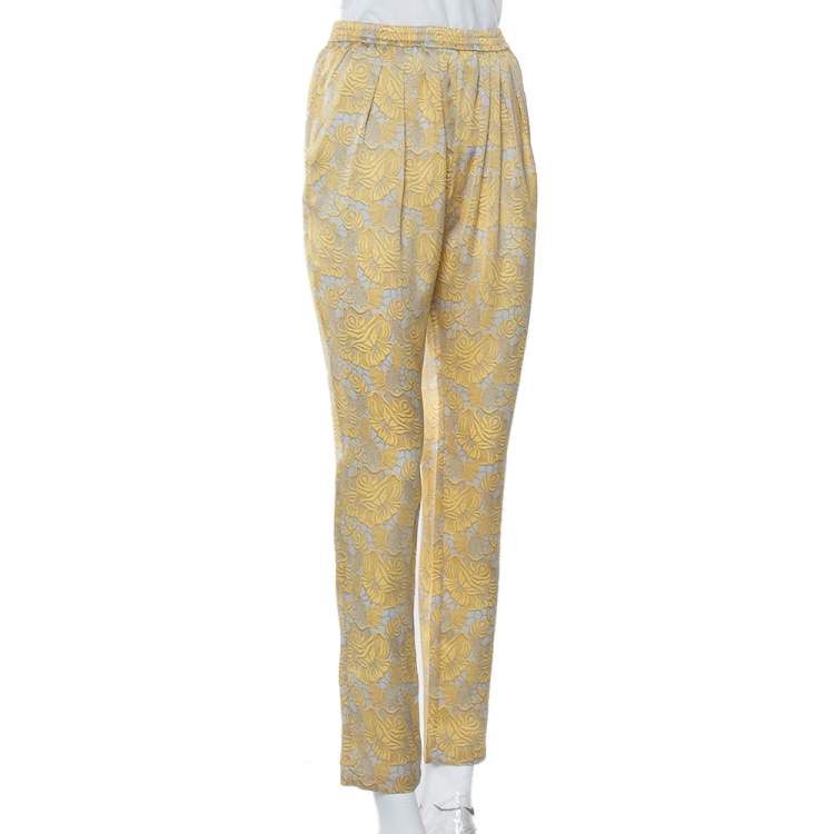 Pre Owned Stella McCartney Yellow Floral Printed Silk Tapered Pants S