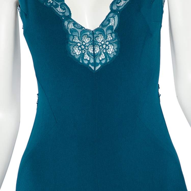 Pre Owned Stella McCartney Teal Green Crepe Lace Trim Detail Sleeveless Trail Gown M
