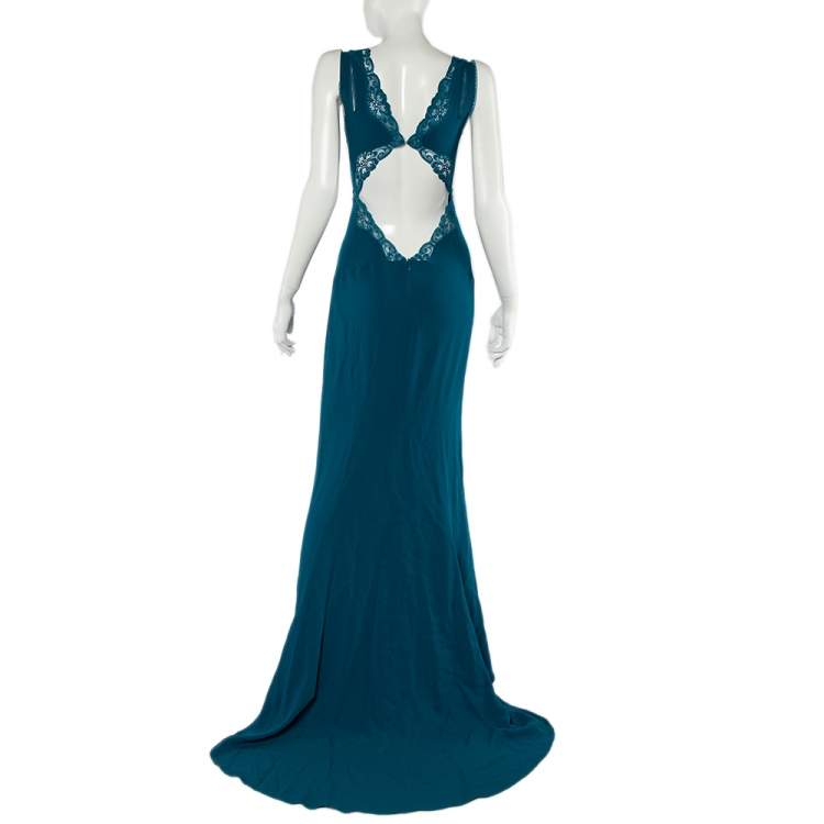 Pre Owned Stella McCartney Teal Green Crepe Lace Trim Detail Sleeveless Trail Gown M