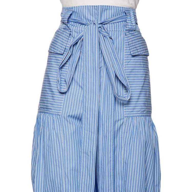 Pre Owned Stella McCartney Blue Striped Cotton Belted Poplin Pants L 
