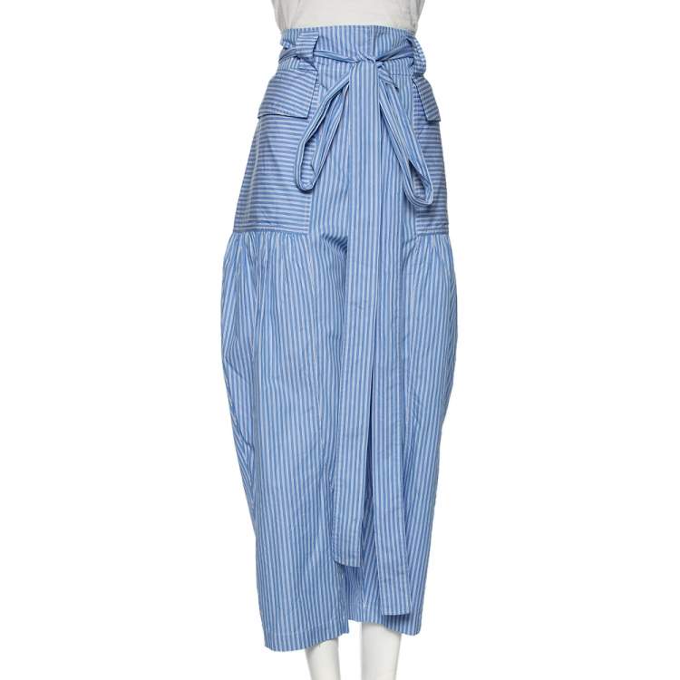 Pre Owned Stella McCartney Blue Striped Cotton Belted Poplin Pants L 