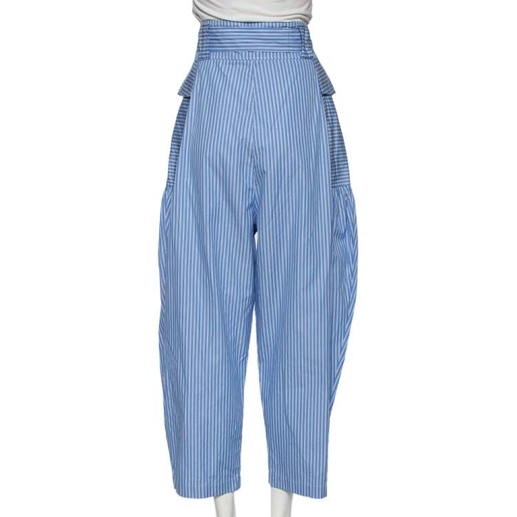 Pre Owned Stella McCartney Blue Striped Cotton Belted Poplin Pants L 