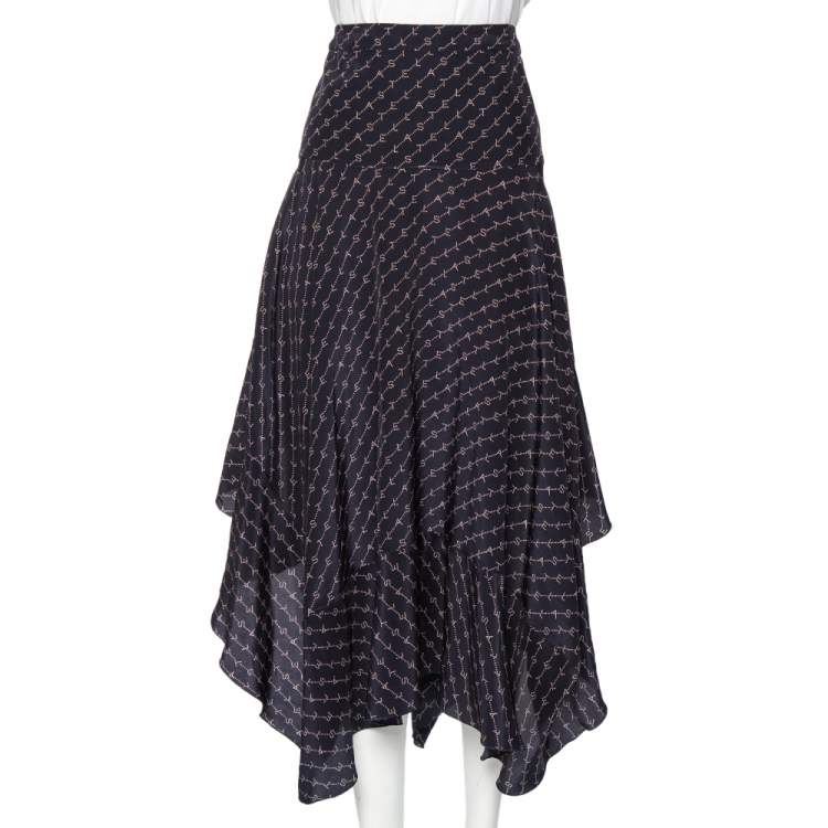 Pre Owned Stella McCartney Navy Blue Printed Silk Asymmetrical Midi Skirt M 