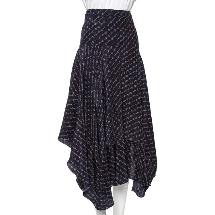 Pre Owned Stella McCartney Navy Blue Printed Silk Asymmetrical Midi Skirt M 