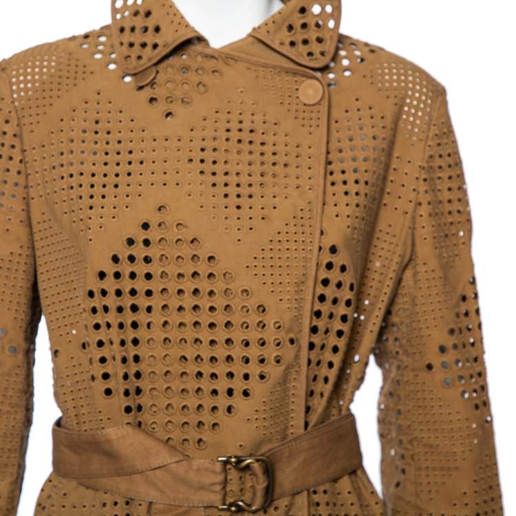 Pre Owned Stella McCartney Brown Eyelet Embroidered Cotton Belted Trench Coat M