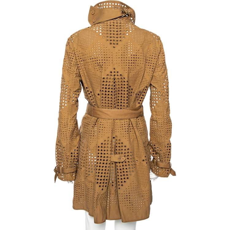 Pre Owned Stella McCartney Brown Eyelet Embroidered Cotton Belted Trench Coat M