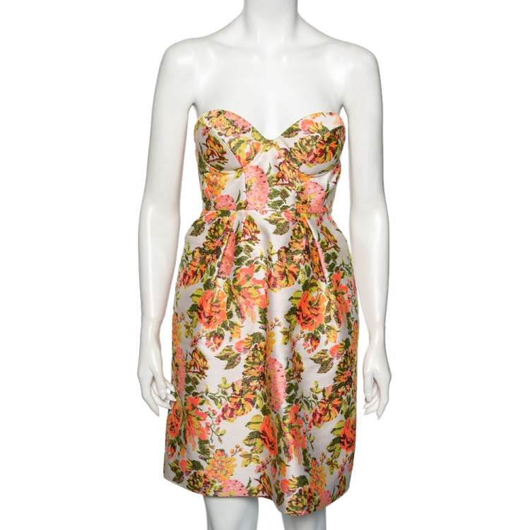 مملوكة مسبقًا Stella McCartney Metallic Neon Floral Jacquard Ridley Strapless Mini Dress S
