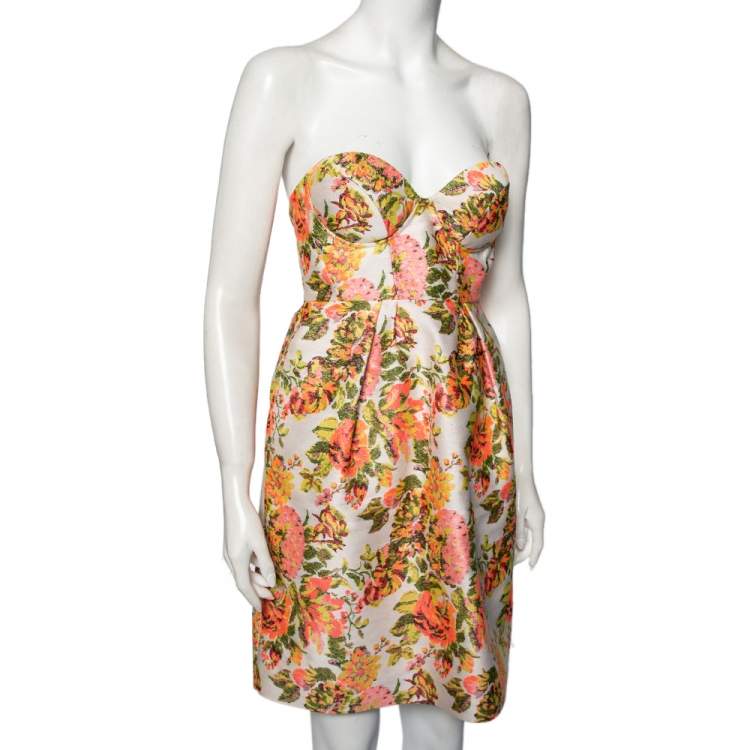 مملوكة مسبقًا Stella McCartney Metallic Neon Floral Jacquard Ridley Strapless Mini Dress S