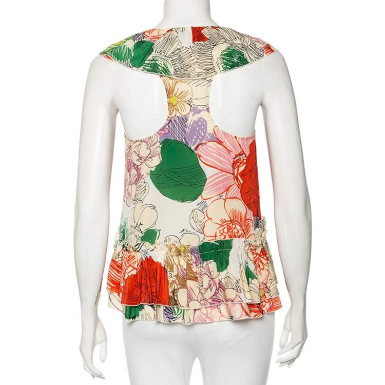 Pre Owned Stella McCartney Multicolored Floral Printed Silk Ruffled Sleeveless Top S