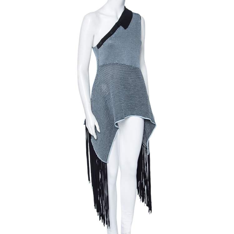 مملوكة مسبقًا Stella McCartney Blue-Black Knit One Shoulder Asymmetric Fringed Top M