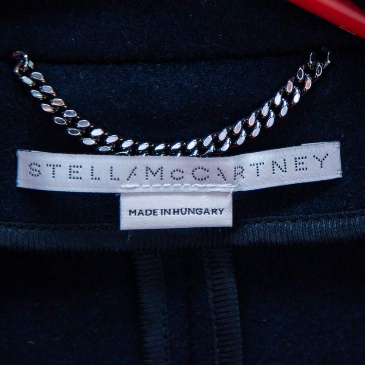 Pre Owned Stella McCartney Navy Blue Wool Logo Trim Detailed Zip Front Cape S