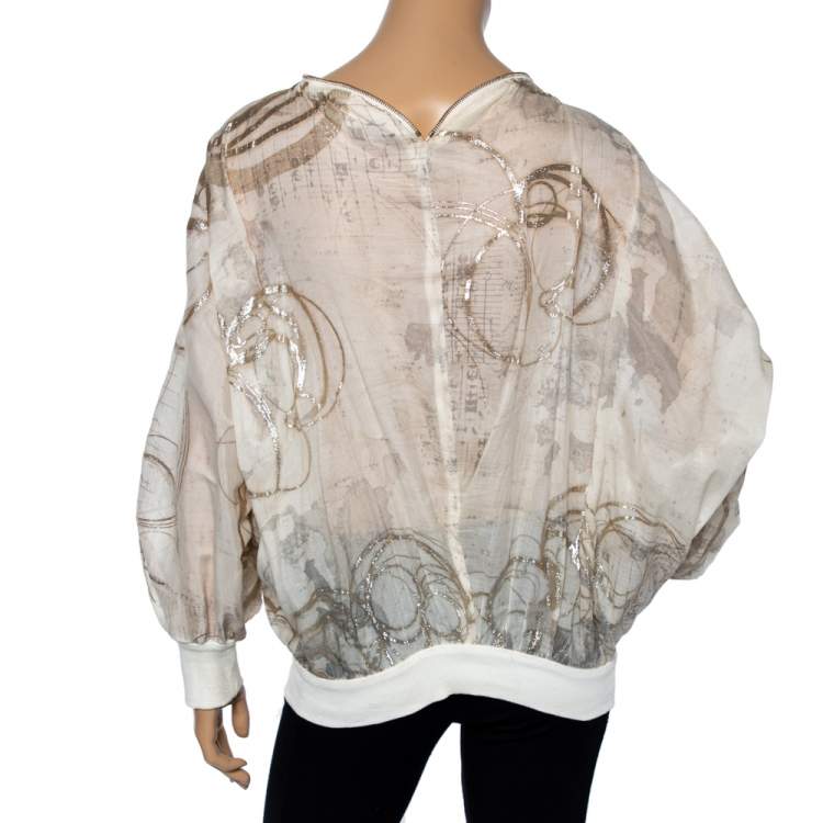 مملوكة مسبقًا Stella McCartney Cream & Gold Foil Printed Cotton Draped Lightweight Bomber Jacket S