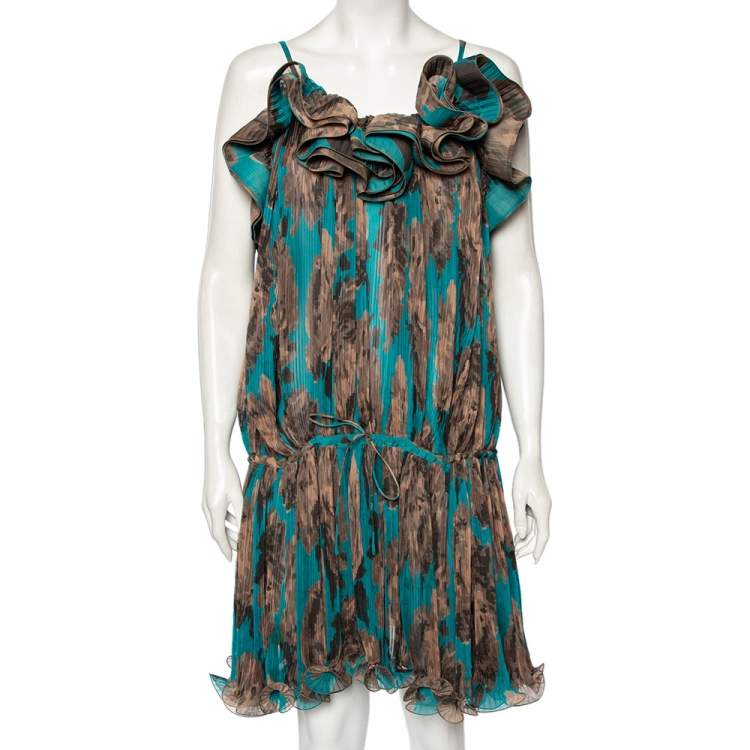 Pre Owned Stella McCartney Blue & Brown Printed Ruffled Short Dress M