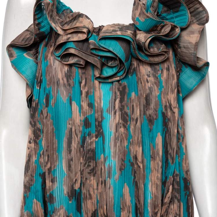 Pre Owned Stella McCartney Blue & Brown Printed Ruffled Short Dress M