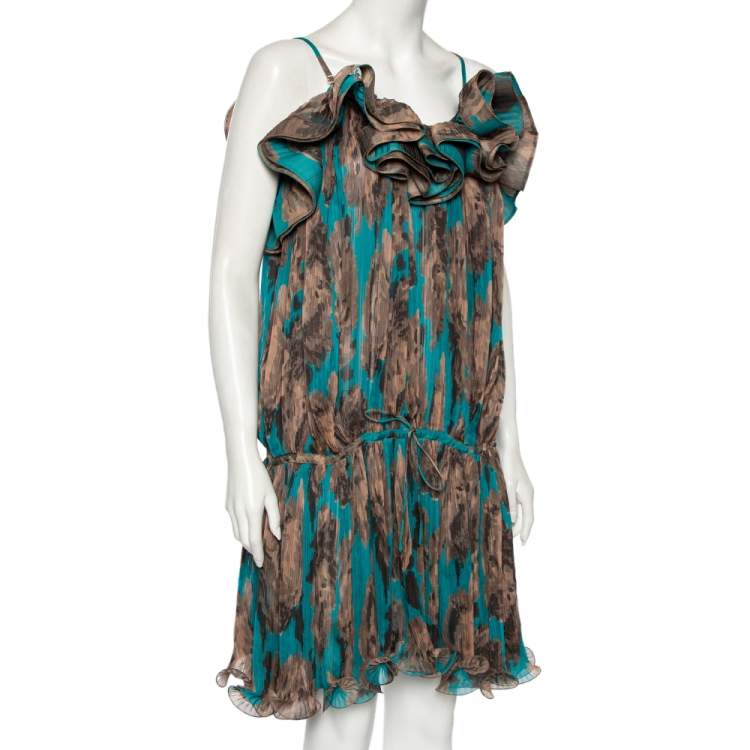 Pre Owned Stella McCartney Blue & Brown Printed Ruffled Short Dress M