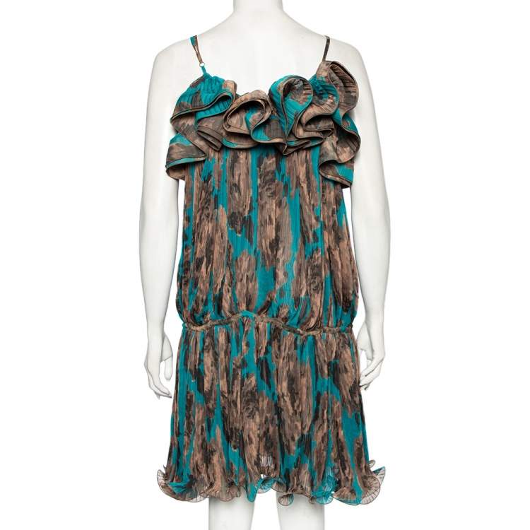 Pre Owned Stella McCartney Blue & Brown Printed Ruffled Short Dress M
