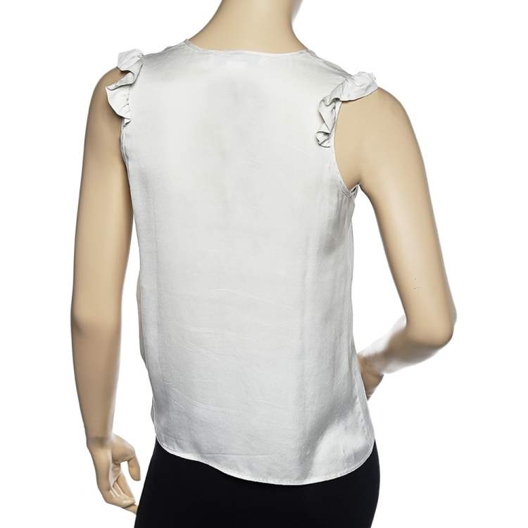 Pre Owned Stella McCartney Off White Silk Satin Ruffled Neck Top XS