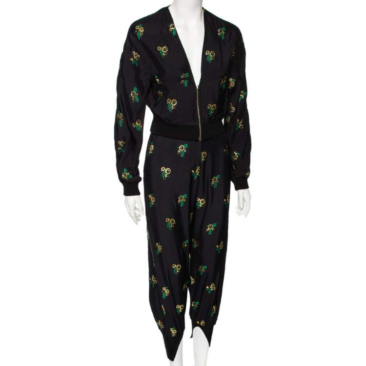 Pre Owned Stella McCartney Black Fil Coupe Rib Knit Trimmed Jacket & Pant Set XXS