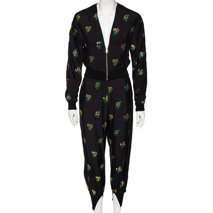 Pre Owned Stella McCartney Black Fil Coupe Rib Knit Trimmed Jacket & Pant Set XXS