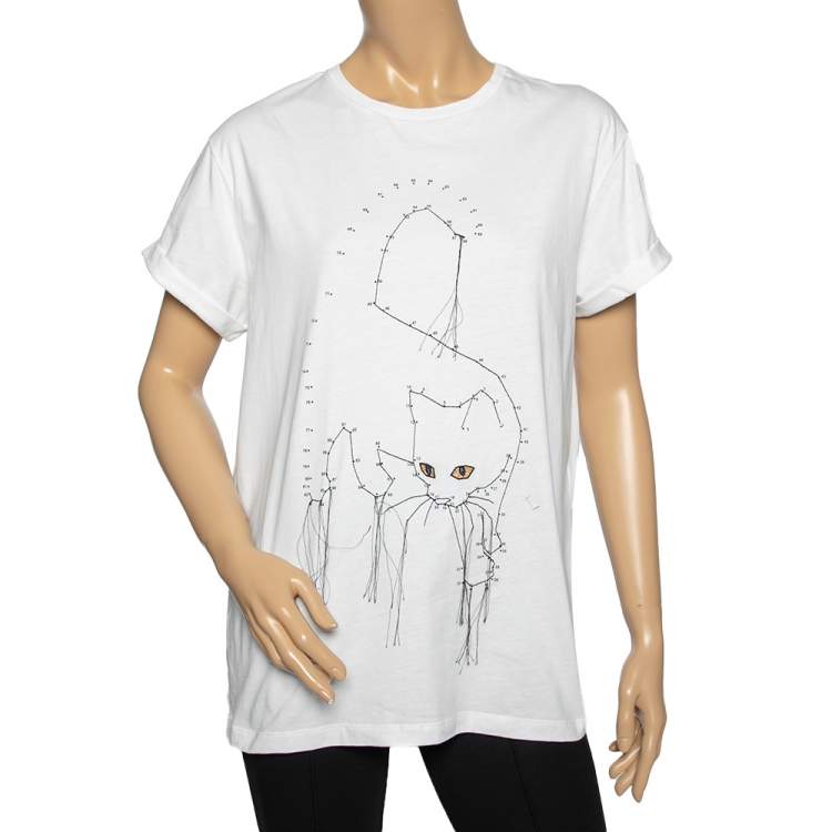 Pre Owned Stella McCartney White Cotton Cat Embroidered Short Sleeve T-Shirt M