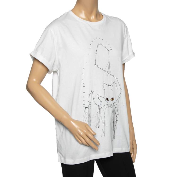 Pre Owned Stella McCartney White Cotton Cat Embroidered Short Sleeve T-Shirt M