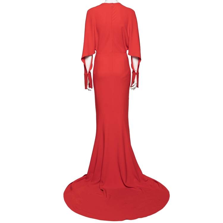 Pre Owned Stella McCartney Red Crepe Draped Sleeve Detail Long Evening Gown S