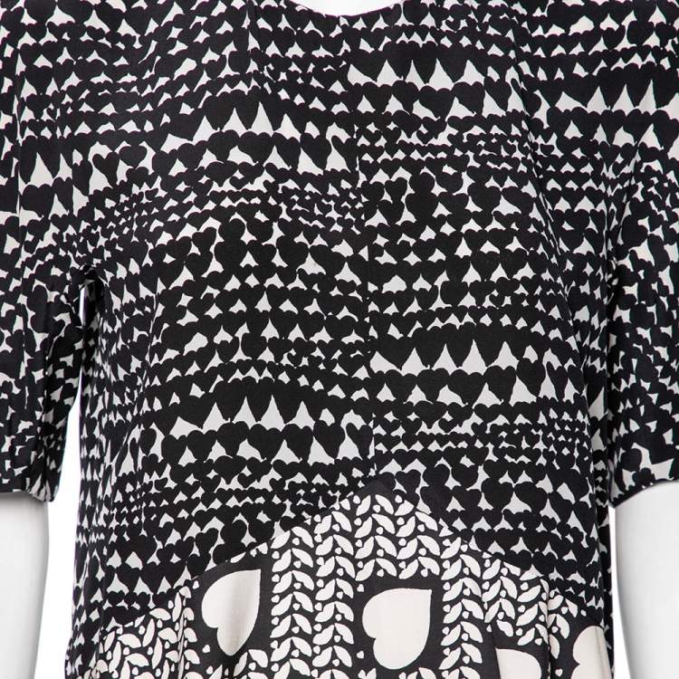 Pre Owned Stella McCartney Monochrome Heart Printed Silk Flounce Top M