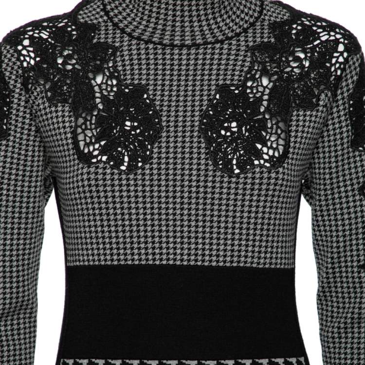 Pre Owned Stella McCartney Grey Houndstooth Patterned Wool & Lace Inset Dress M