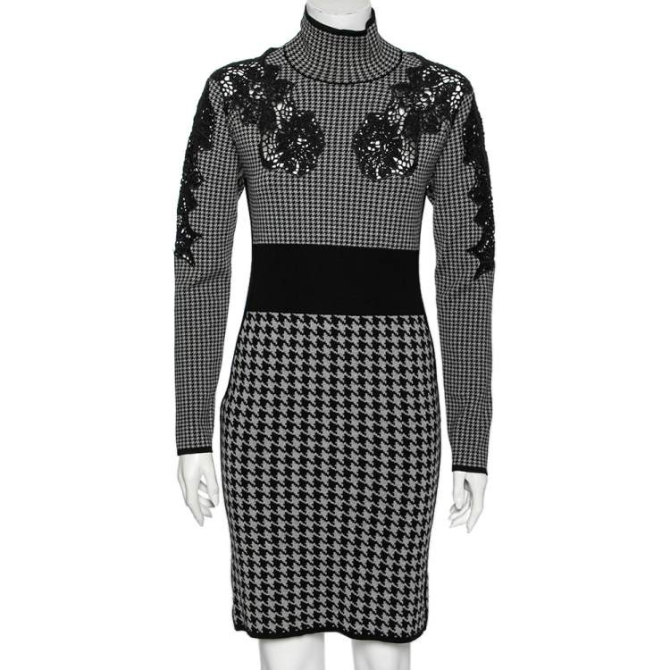Pre Owned Stella McCartney Grey Houndstooth Patterned Wool & Lace Inset Dress M