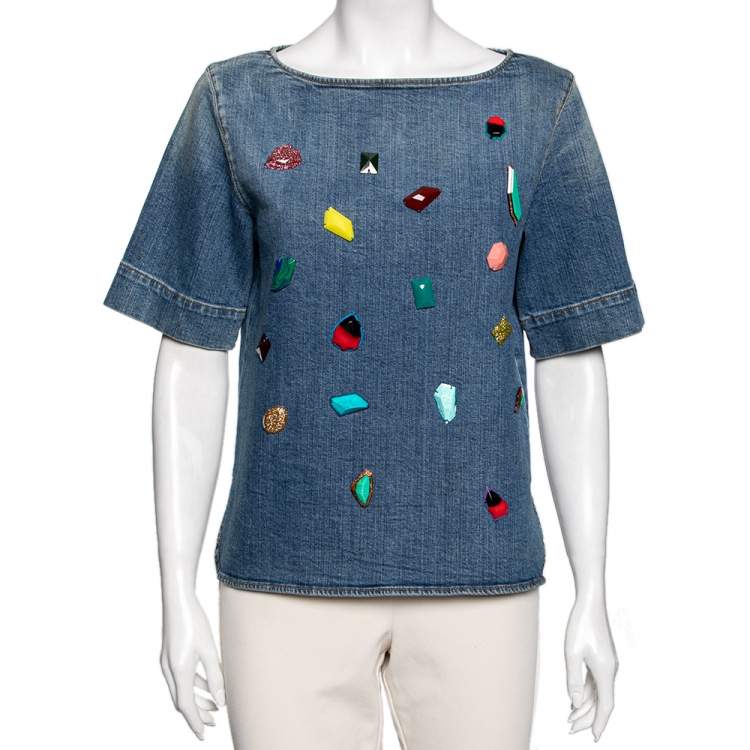 Pre Owned Stella McCartney Blue Denim Crystal Embellished Top M