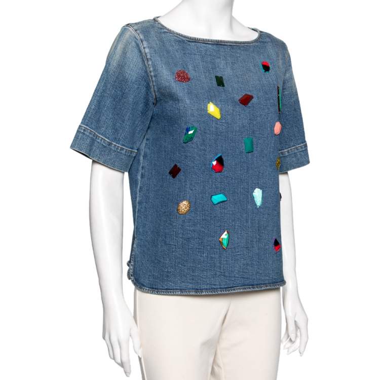 Pre Owned Stella McCartney Blue Denim Crystal Embellished Top M