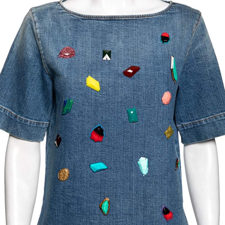 Pre Owned Stella McCartney Blue Denim Crystal Embellished Top M