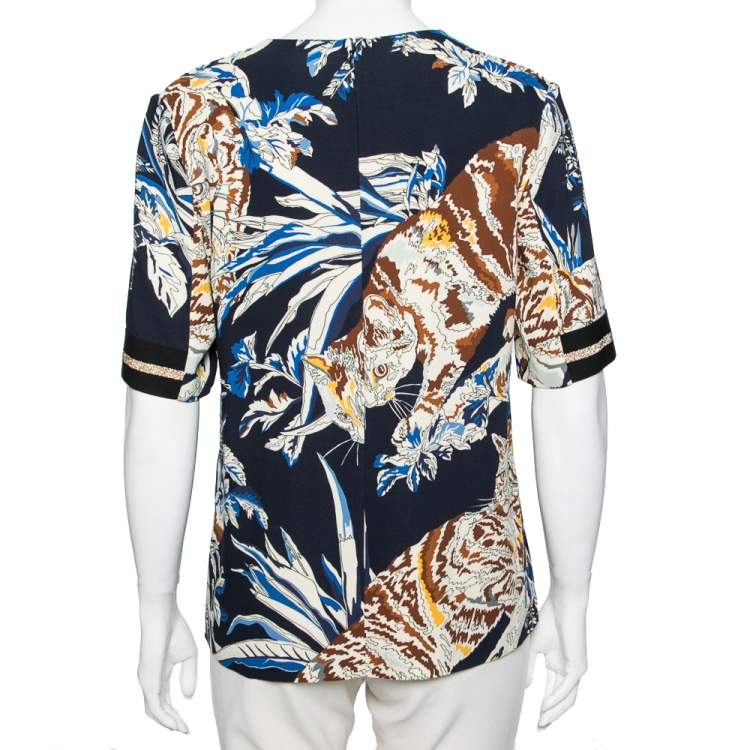 Pre Owned Stella McCartney Navy Blue Stretch Crepe Cat Print Blouse S