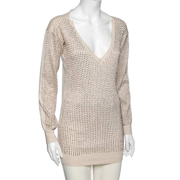 Pre Owned Stella McCartney Beige Embellished Wool V-Neck Jumper S