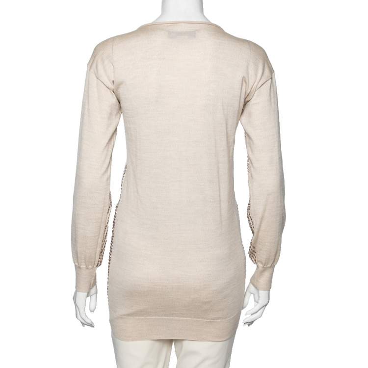 Pre Owned Stella McCartney Beige Embellished Wool V-Neck Jumper S