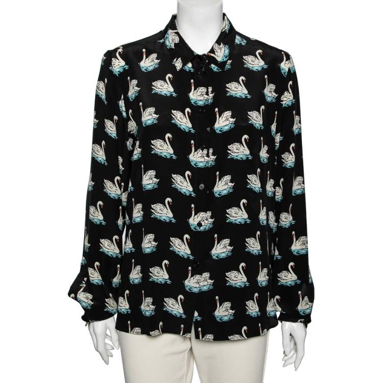 Pre Owned Stella McCartney Black Swan Printed Silk Button Front Shirt L