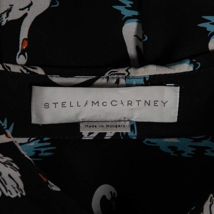 Pre Owned Stella McCartney Black Swan Printed Silk Button Front Shirt L
