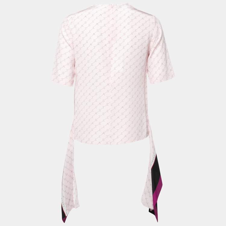 Pre Owned Stella McCartney Pink Logo Print Silk Asymmetric Tiered Top S
