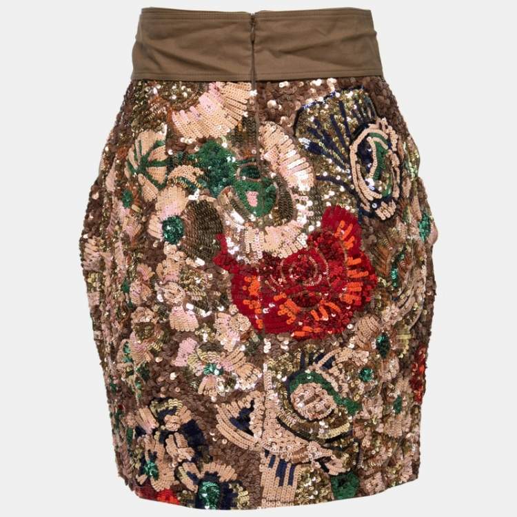 Pre Owned Stella McCartney Brown Sequin Embellished Silk Tie Detail Mini Skirt S