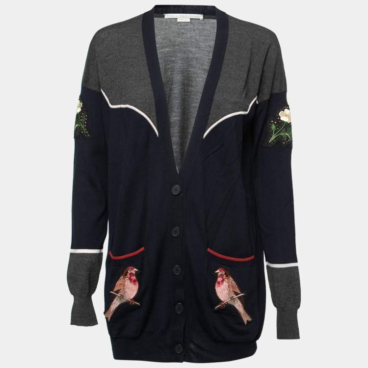 Pre Owned Stella McCartney Navy Blue Wool Embroidered Cardigan M